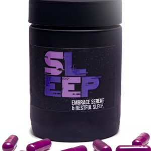 StarDust Sleep Capsule Wellness Supplement in a container with pills beneath it